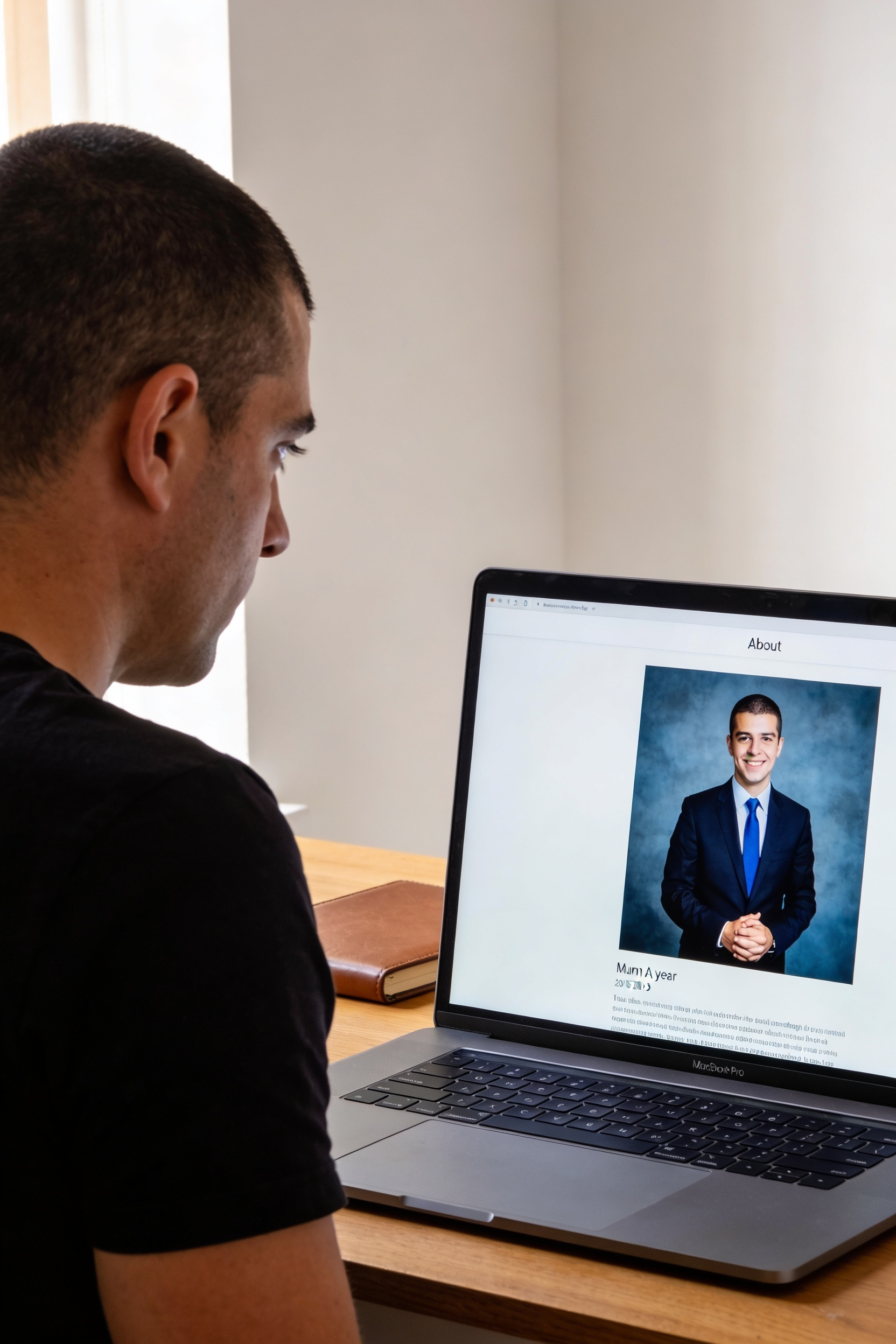 Un uomo guarda lo schermo del laptop dove appare una versione datata di sé in giacca e cravatta